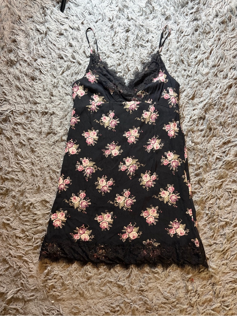 American Eagle black floral lace-trim empire waist v-neck mini dress sz S
